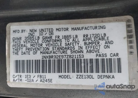 2007 Toyota Corolla Le z USA, uszkodzony, nr VIN 1NXBR32E97Z821153